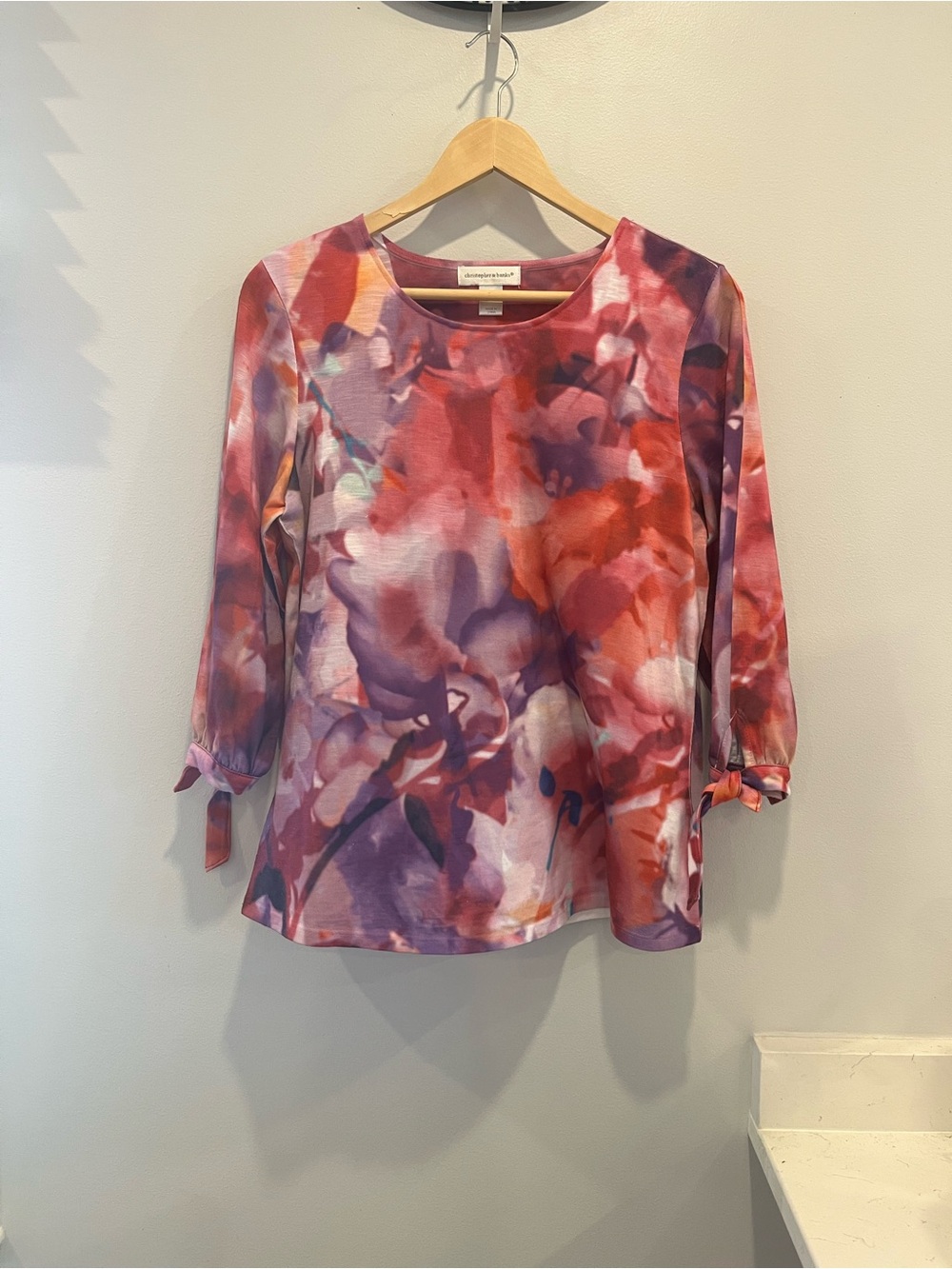Christopher & Banks Women's Watercolor Floral Tie-Sleeve Top - Pink/Purple